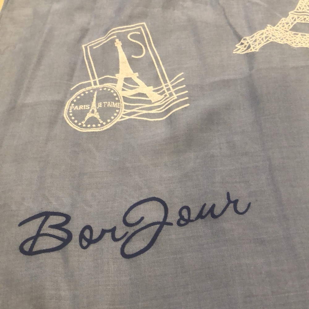 LARGE PARIS THEMED FRINGED SCARF COTTAGE BLUE WITH WHITE PRINT - Picture 11 of 16